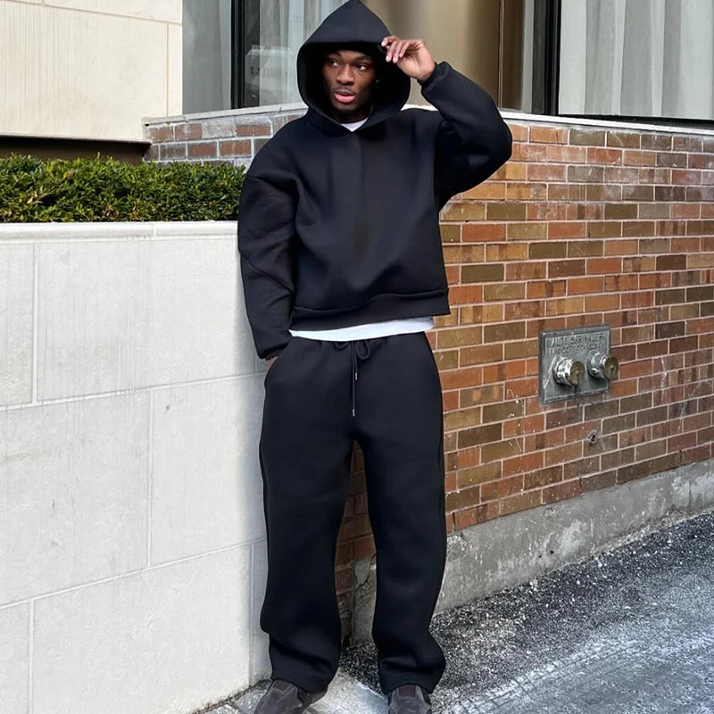 Men’s Vintage Cotton Tracksuit 2-Piece Set | Y2K Hoodie & Straight Pants