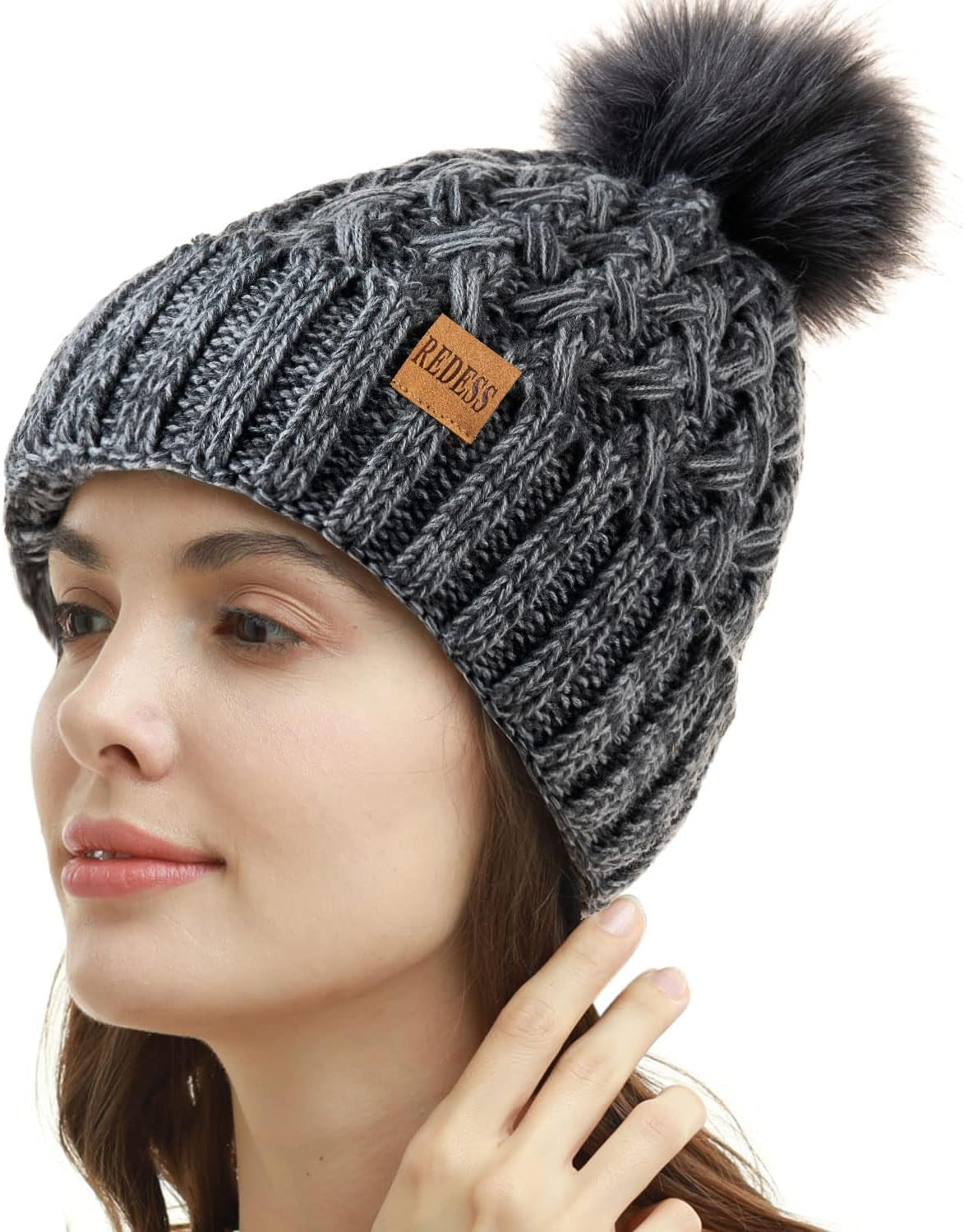 Women Winter Pompom Beanie Hat Fleece Lined Warm Hats, Thick Slouchy Snow Knit Crossed Cap for Ladies…