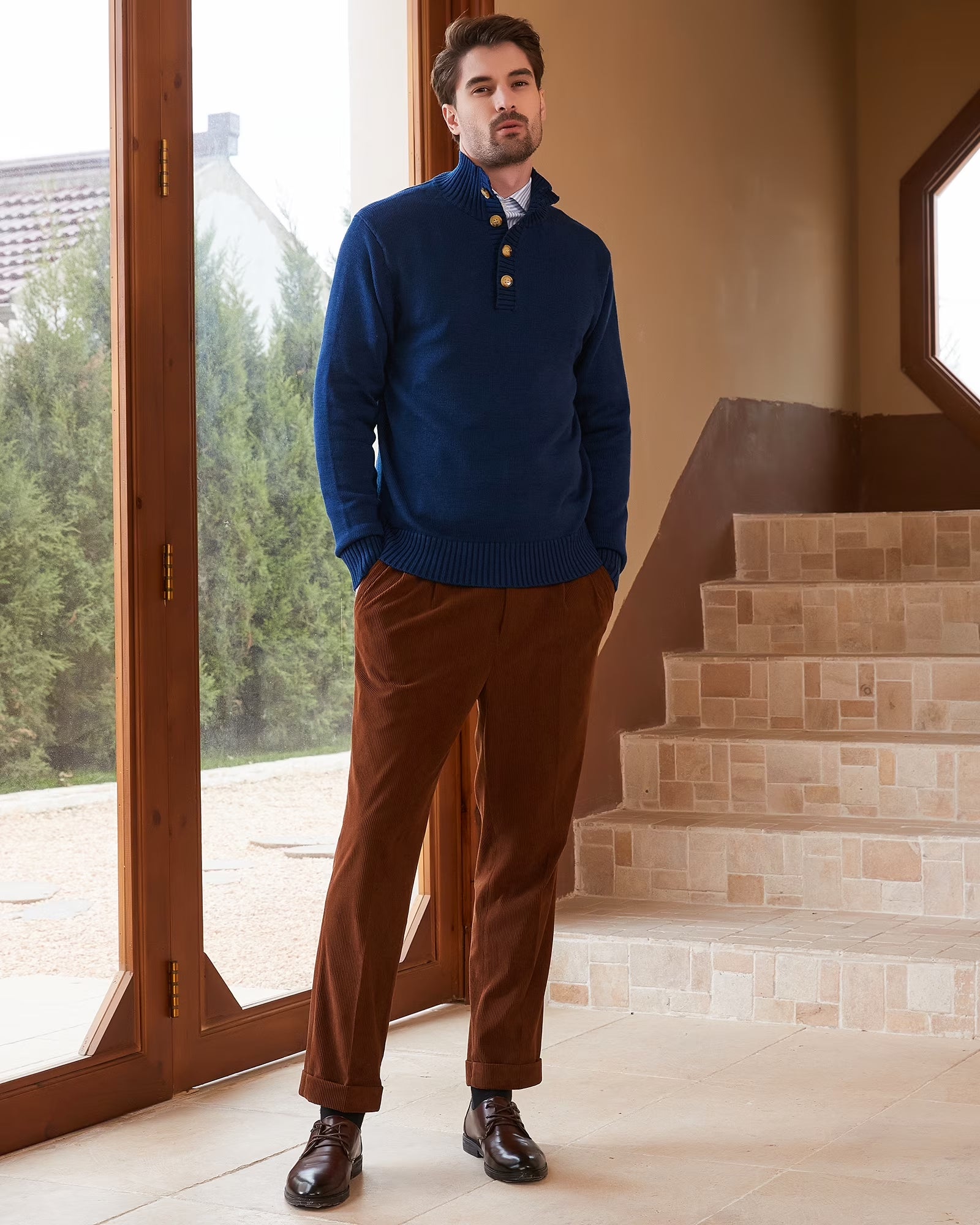 Men'S Mock Neck Sweater Wool Blend Midweight Quarter-Button Long Sleeve Knit Pullover(Navy Blue,2X-Large)