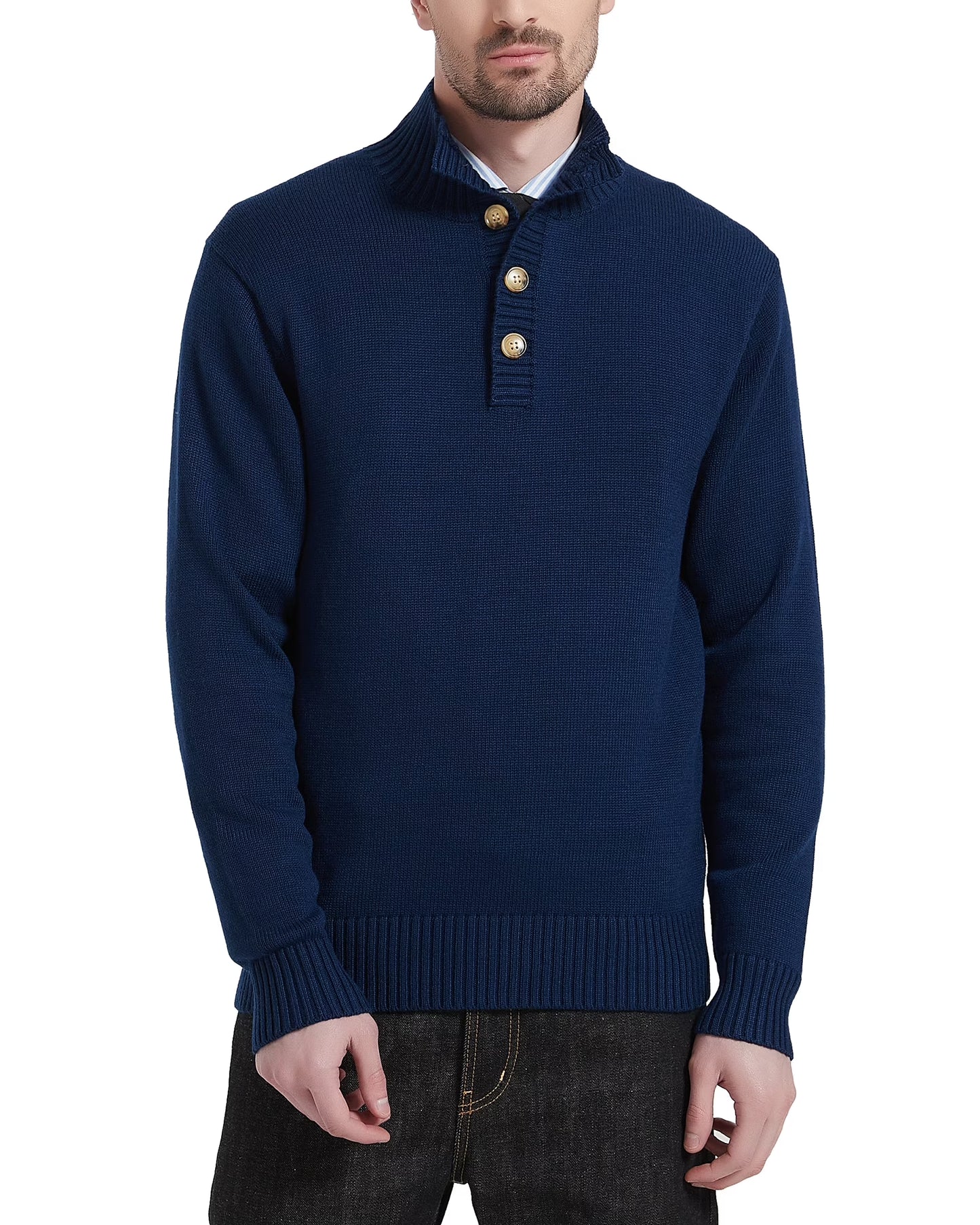 Men'S Mock Neck Sweater Wool Blend Midweight Quarter-Button Long Sleeve Knit Pullover(Navy Blue,2X-Large)