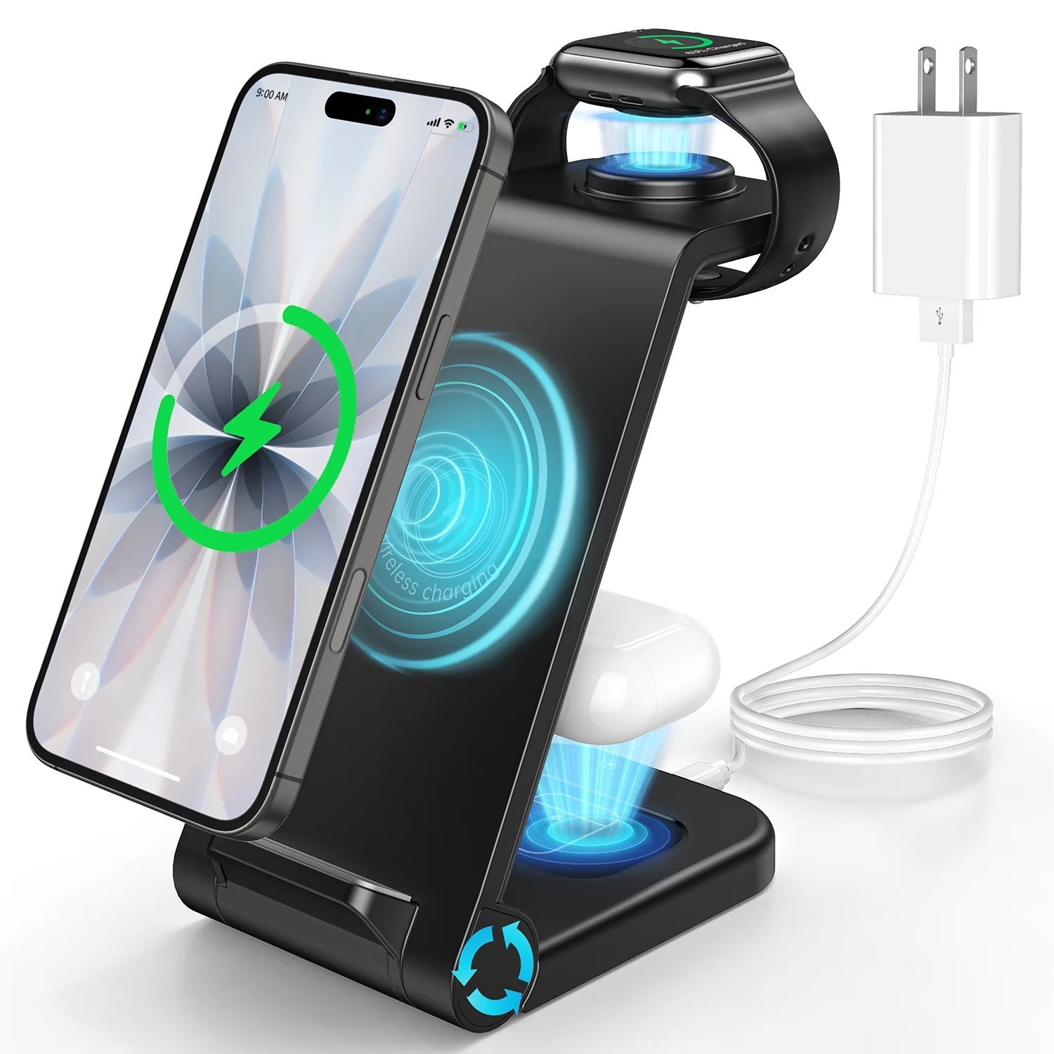 Fast Wireless Charger Station, 23W Wireless Charging Stand for Iphone 16/15/14/13/13 Pro/ 12/12 Pro/11/Xs Max/Xr/X/Galaxy S23 S22 S21 S10, Charging Station for Airpods 4/3/2/Pro, Iwatch Series