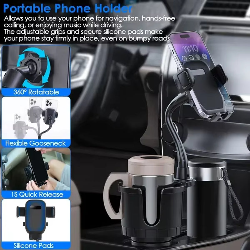 2 in 1 Car Cup-Shaped Phone Holder Car Drink Holder with 360 Degree Rotating Gooseneck Phone Holder Adjustable Base
