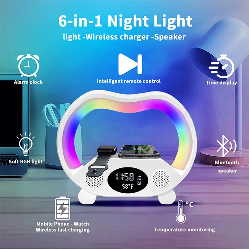 Portable Smart Loudspeaker Enclosure Speakers with Wireless Chargers Music Lights Clock RGB LED Lamp for Outdoor Party Gift