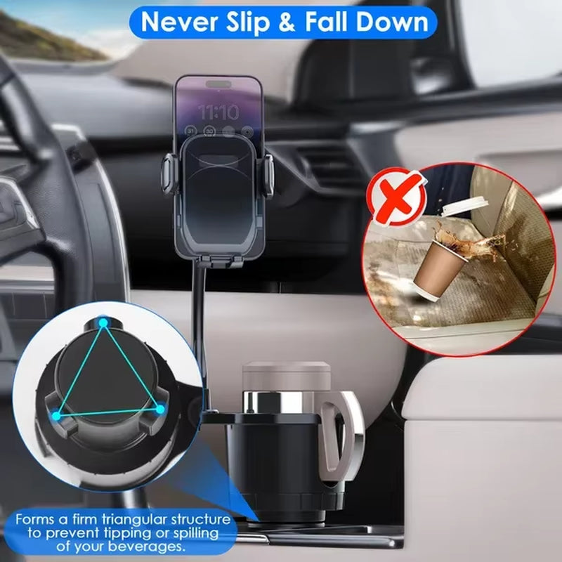 2 in 1 Car Cup-Shaped Phone Holder Car Drink Holder with 360 Degree Rotating Gooseneck Phone Holder Adjustable Base