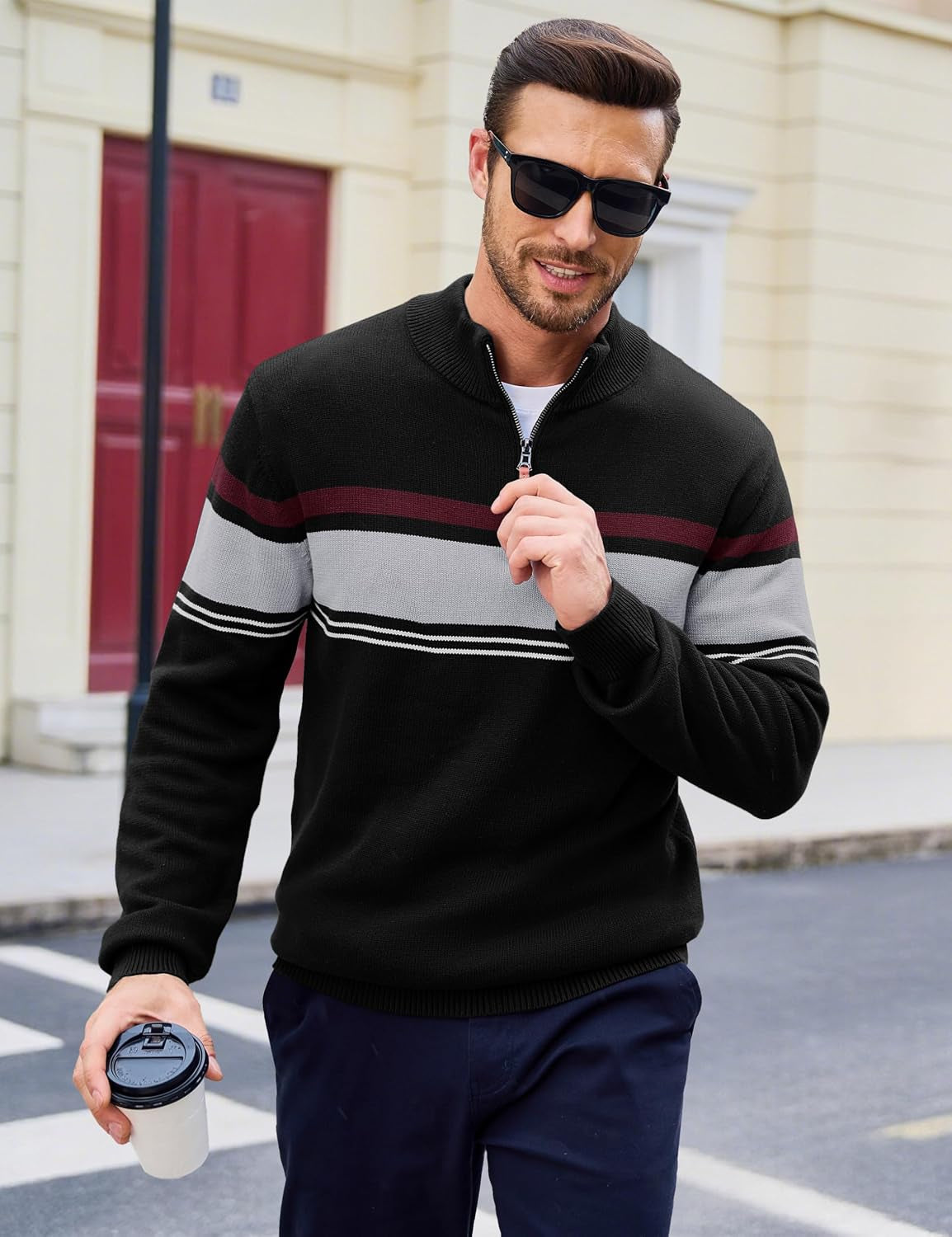 Men'S Sweaters 1/4 Zip Cotton Sweater Pullover Polo Sweaters Striped Fall Winter Warm Sweatshirts