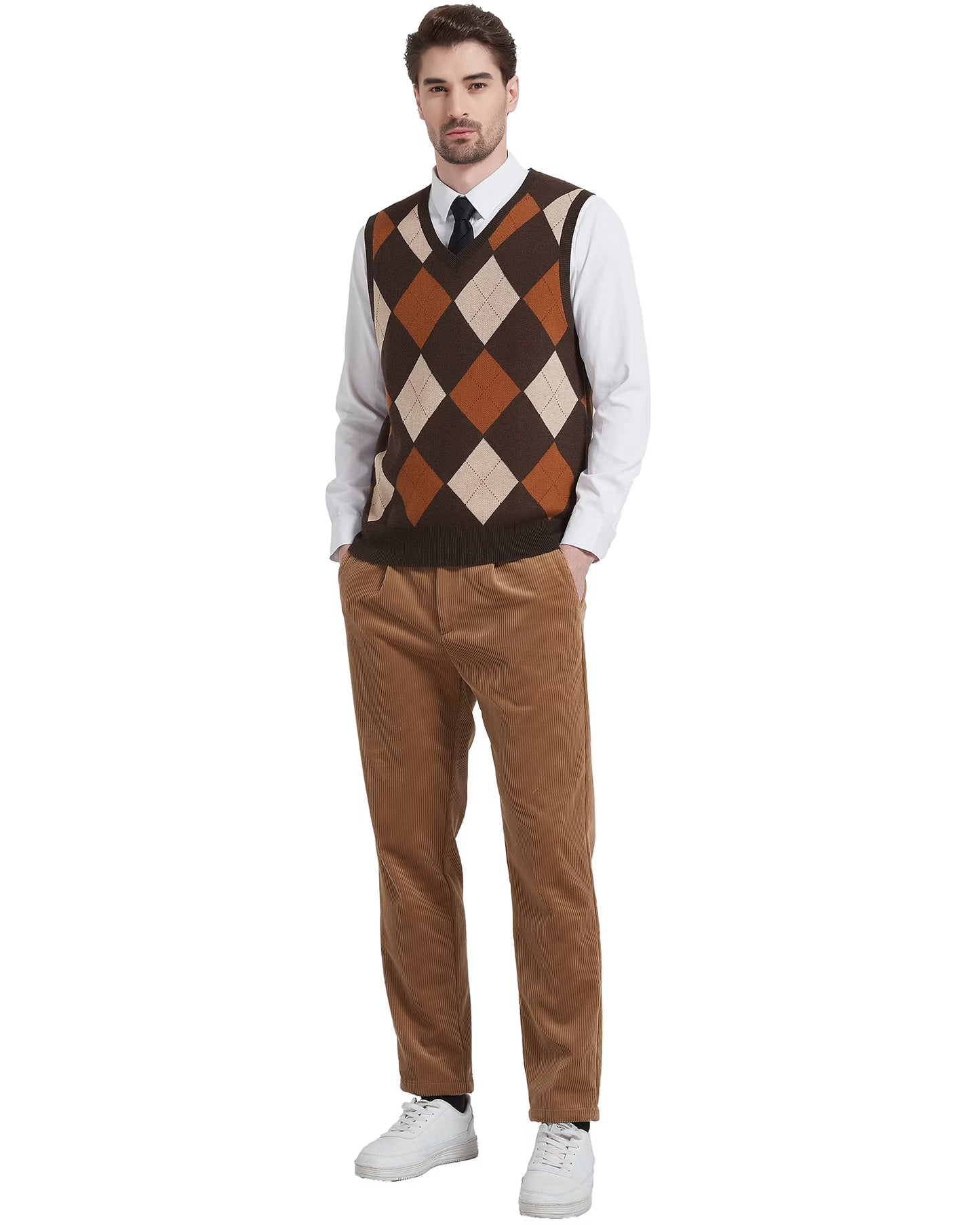 Men'S Argyle Vest Sweater Wool Blend V-Neck Sleeveless Pullover Sweater(Brown,2X-Large)