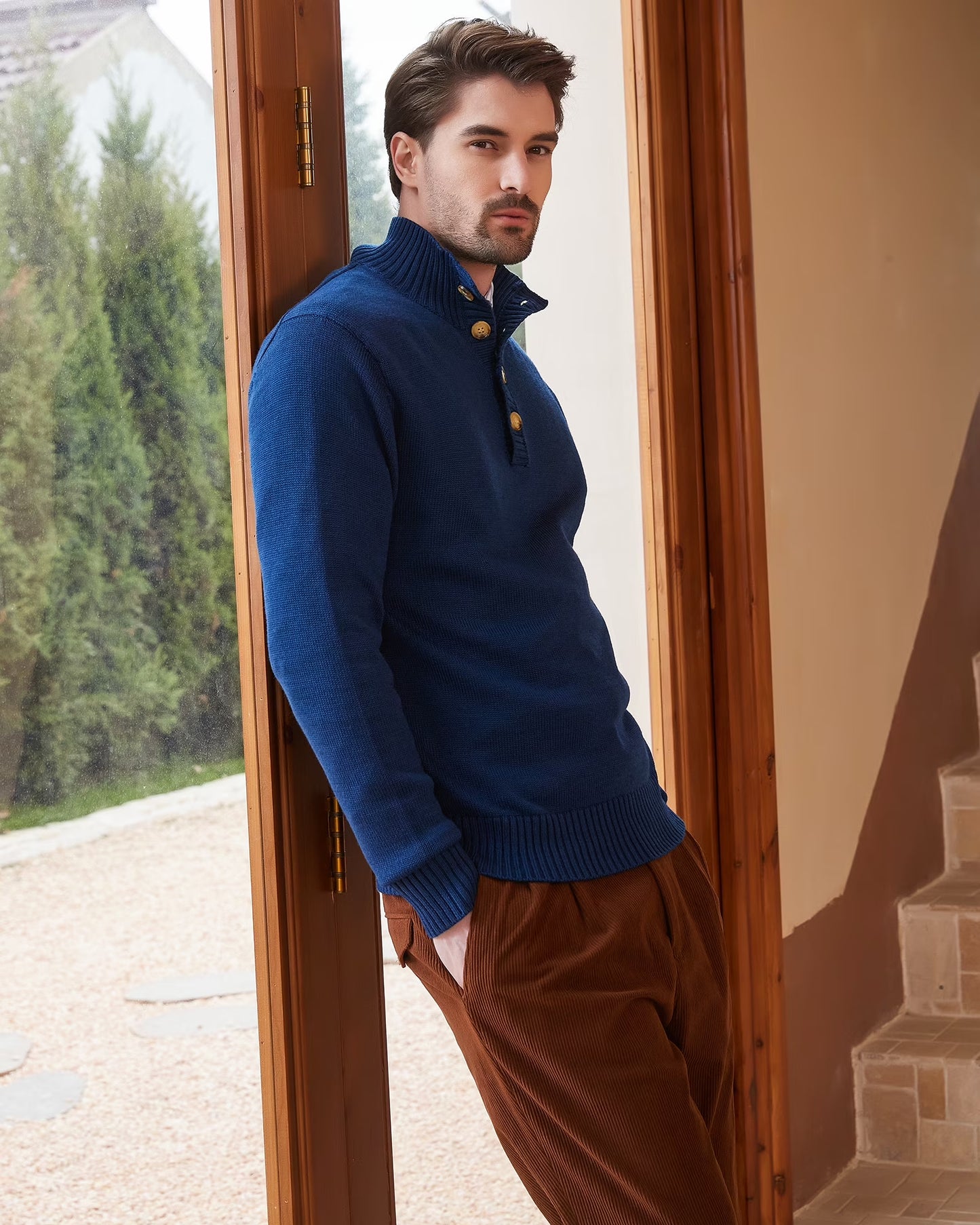 Men'S Mock Neck Sweater Wool Blend Midweight Quarter-Button Long Sleeve Knit Pullover(Navy Blue,2X-Large)