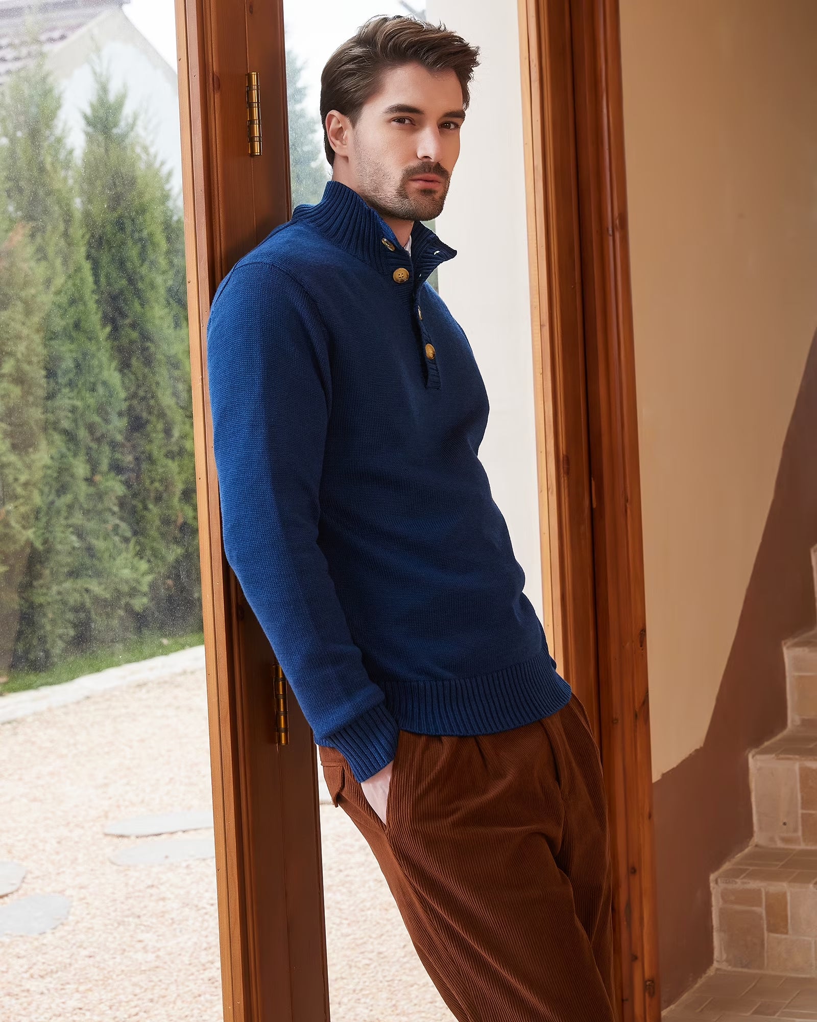 Men'S Mock Neck Sweater Wool Blend Midweight Quarter-Button Long Sleeve Knit Pullover(Navy Blue,2X-Large)